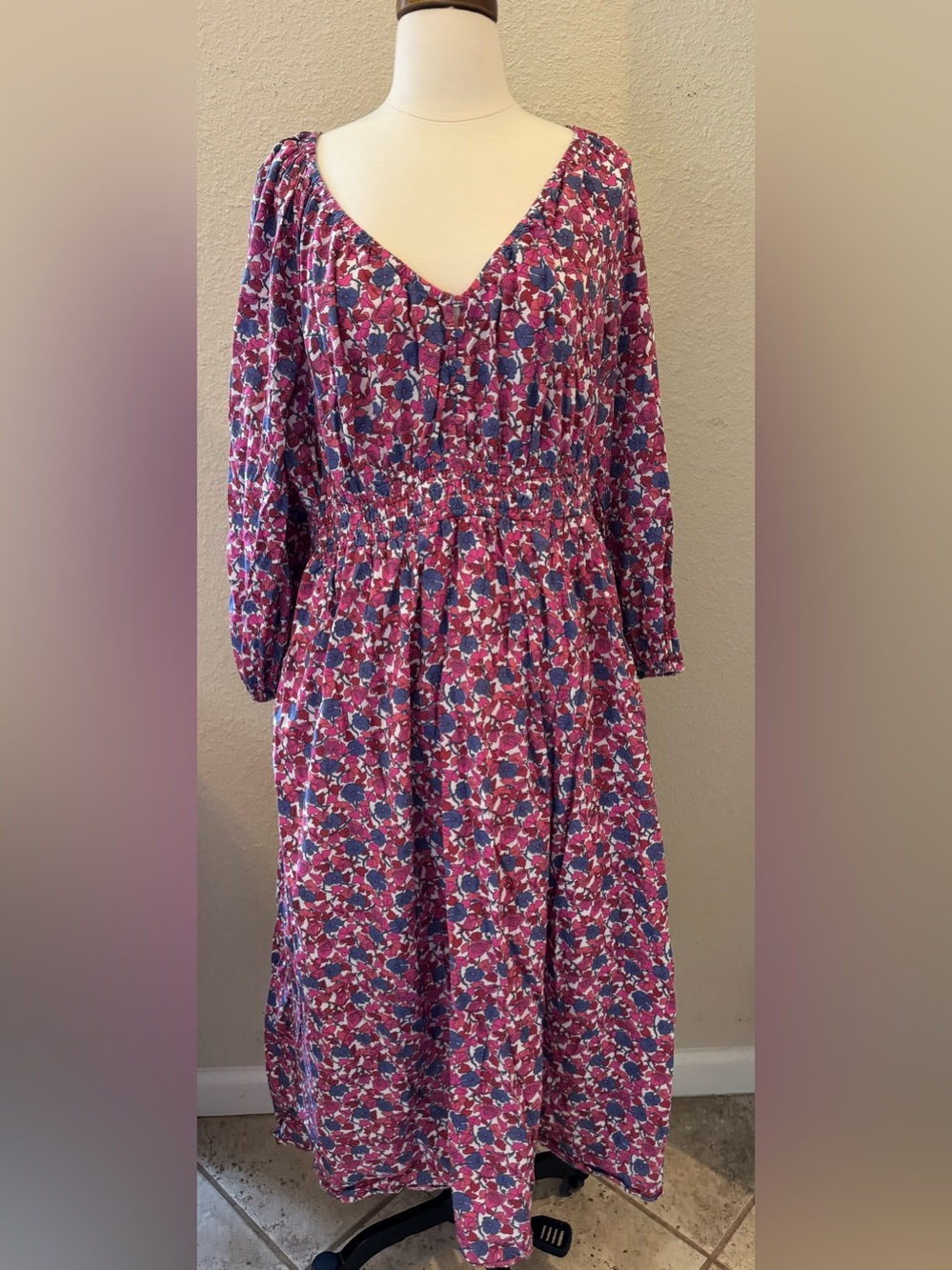 J Crew Large EUC V-Neck Cotton Berry Floral Lined Midi Dress with pockets - Picture 4 of 9